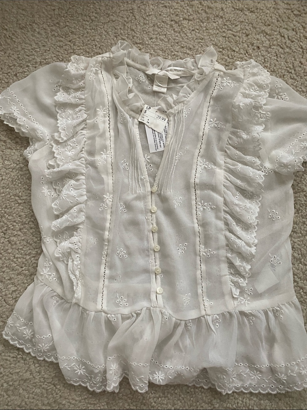 H&M new White Ruffled Eyelet Peasant size6(S)Blouse